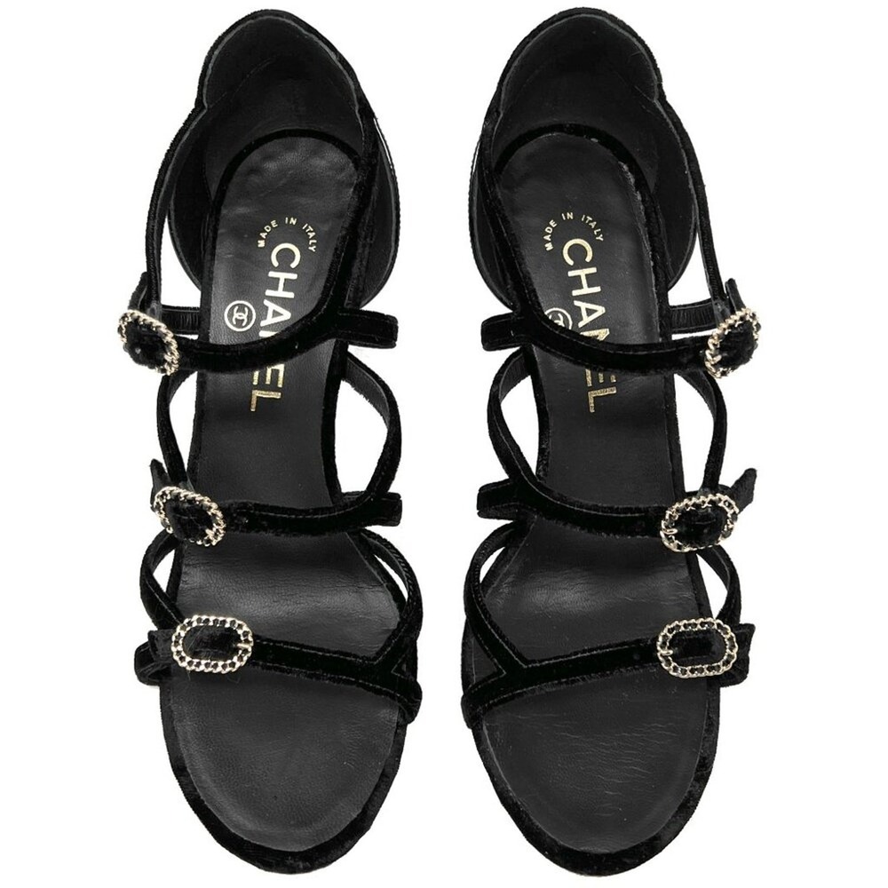 Chanel Cruise 2017 Karl Lagerfeld Black‎ Velvet Strappy Heels Sandals 37